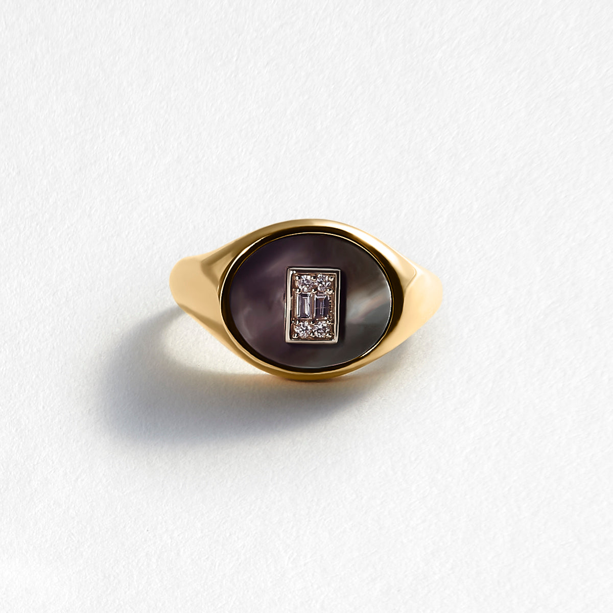 Tori 9ct Yellow Gold Black Mother of Pearl & Diamond Pinky Signet Ring