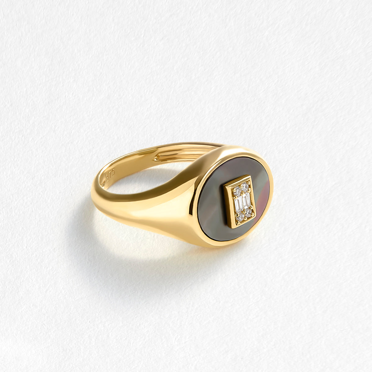 Tori 9ct Yellow Gold Black Mother of Pearl & Diamond Pinky Signet Ring